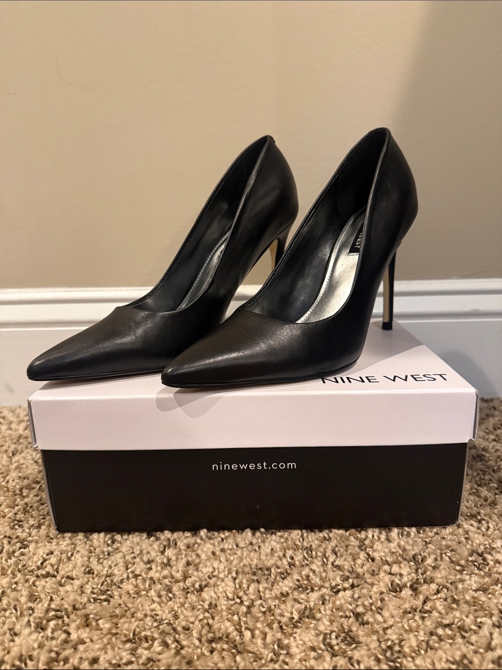 Nine West Black Leather Pointed Stiletto Heels